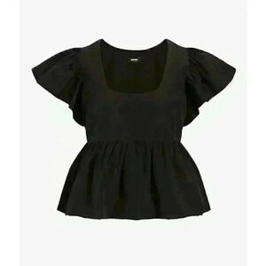 Express Women’s Black Square Neck Peplum Blouse Flutter Sleeve Size Small
